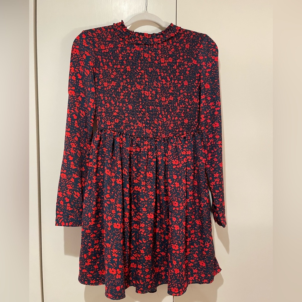 MelloDay long sleeve smocked pleated baby doll dress with red flowers.